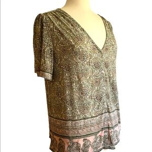 NWT Lucky Brand Button Down Floral Paisley Short Sleeve Green Pink V Neck Top M